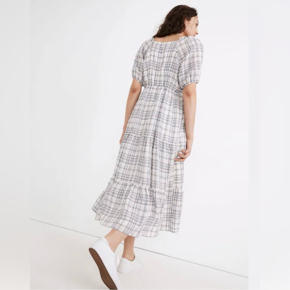 Madewell Puff Sleeve Faux Wrap Tiered Midi Dress Plaid Cottagecore - Picture 3 of 10
